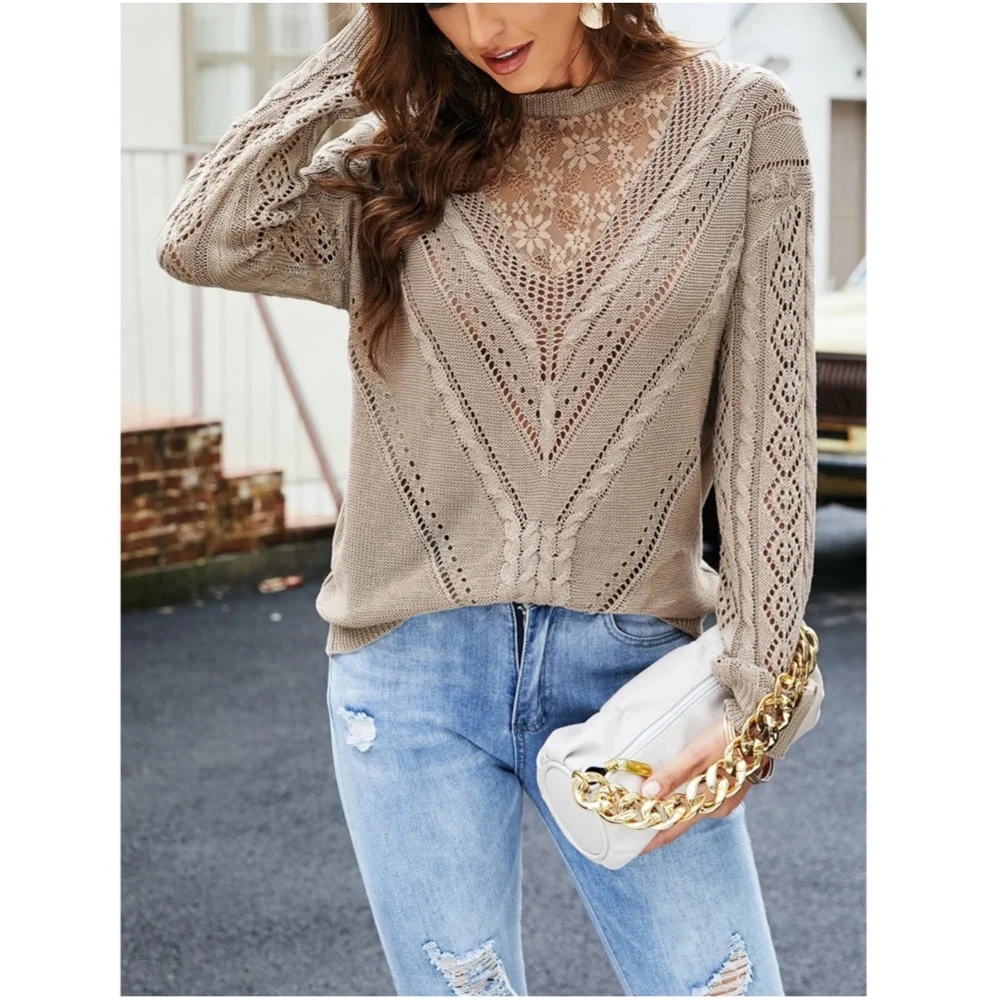Lace Detail Mocha Knit Long Sleeve Light Sweater Top - Picture 4 of 11
